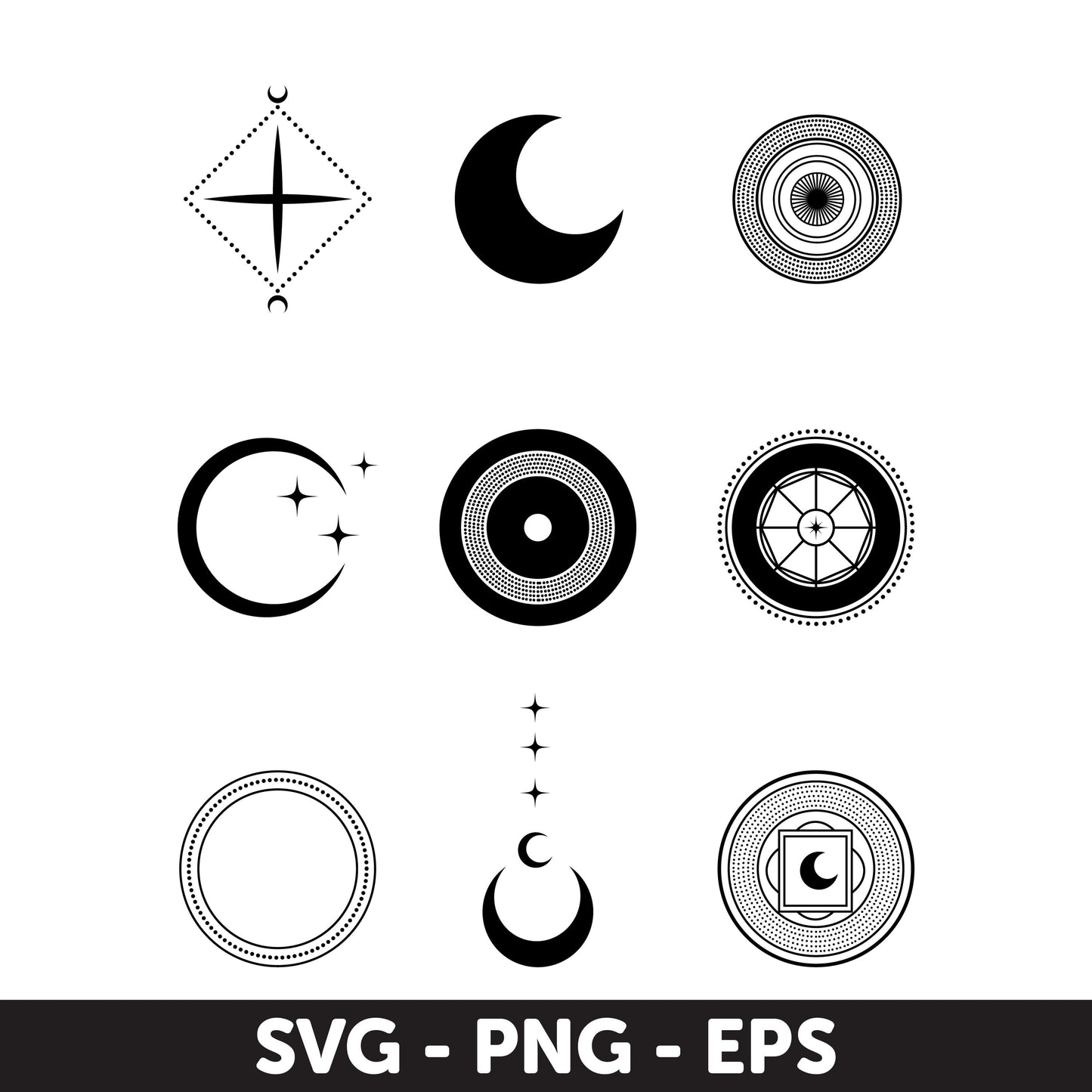 Modern Celestial Vector Icons Set - SVG, PNG, EPS - Moon and Star Digital Clipart, Tattoo, Circles Different Stroke, Monogram