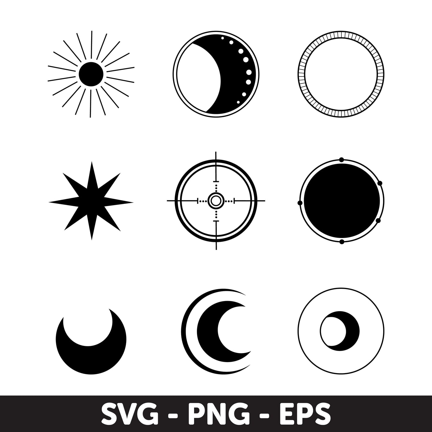 Circular Symbol Set SVG, Sun, Moon, Stars SVG, EPS Formats, Sun Svg, Celestial Svg, Witchcraft Svg, Svg files, Mystical Clipart, Celestial