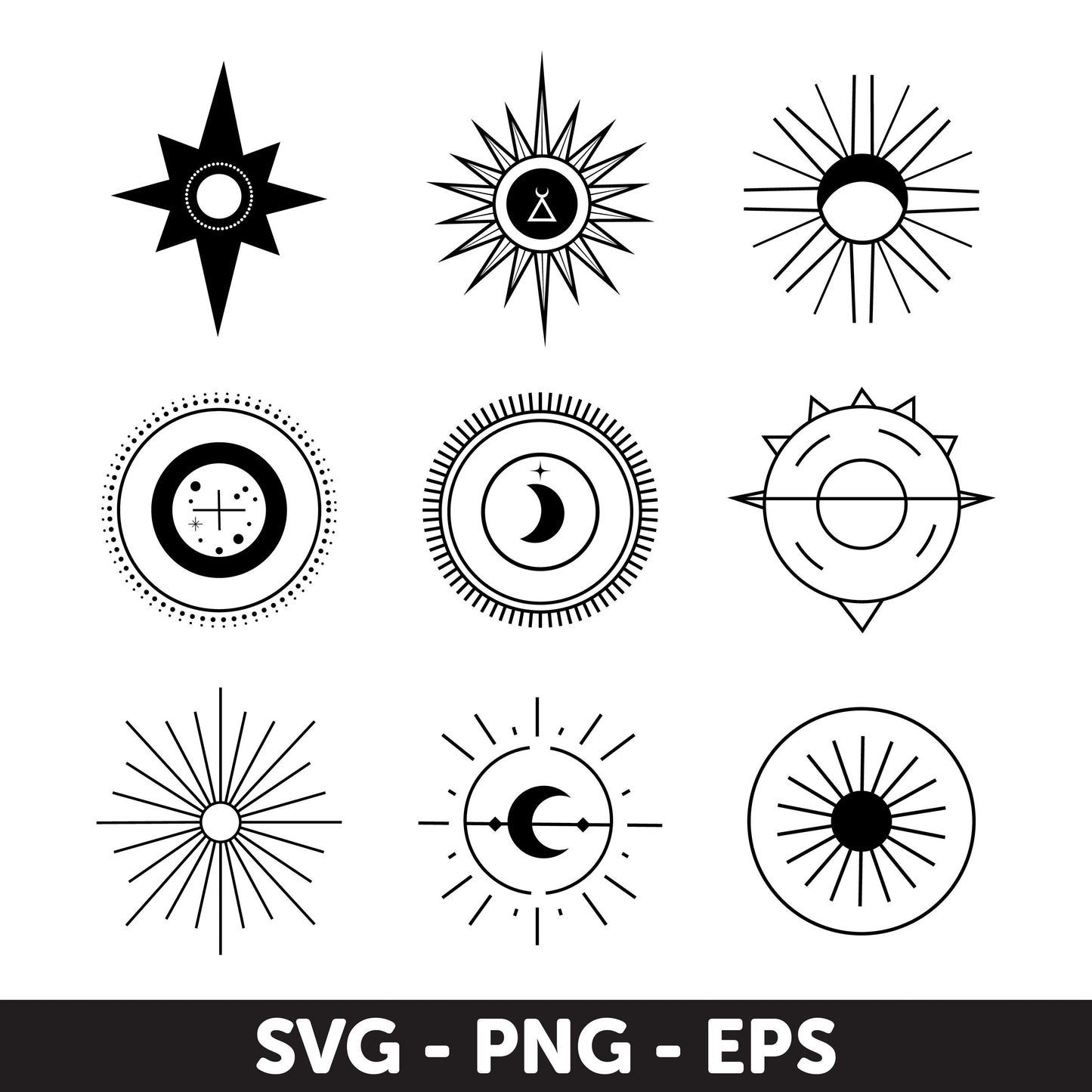 Celestial Symbol Set, Sun, Moon Svg, Magical moon Svg, Geometric Svg, Astrology Svg, Cycles moon Eps, Eps cutting file