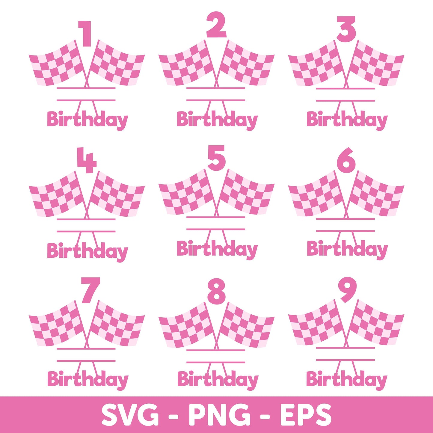 Racing Flag SVG, Pink Race Car Birthday Number Set, SVG Designs for Girls' Parties, Pink Checkered Racing Flags for Track Finish Line