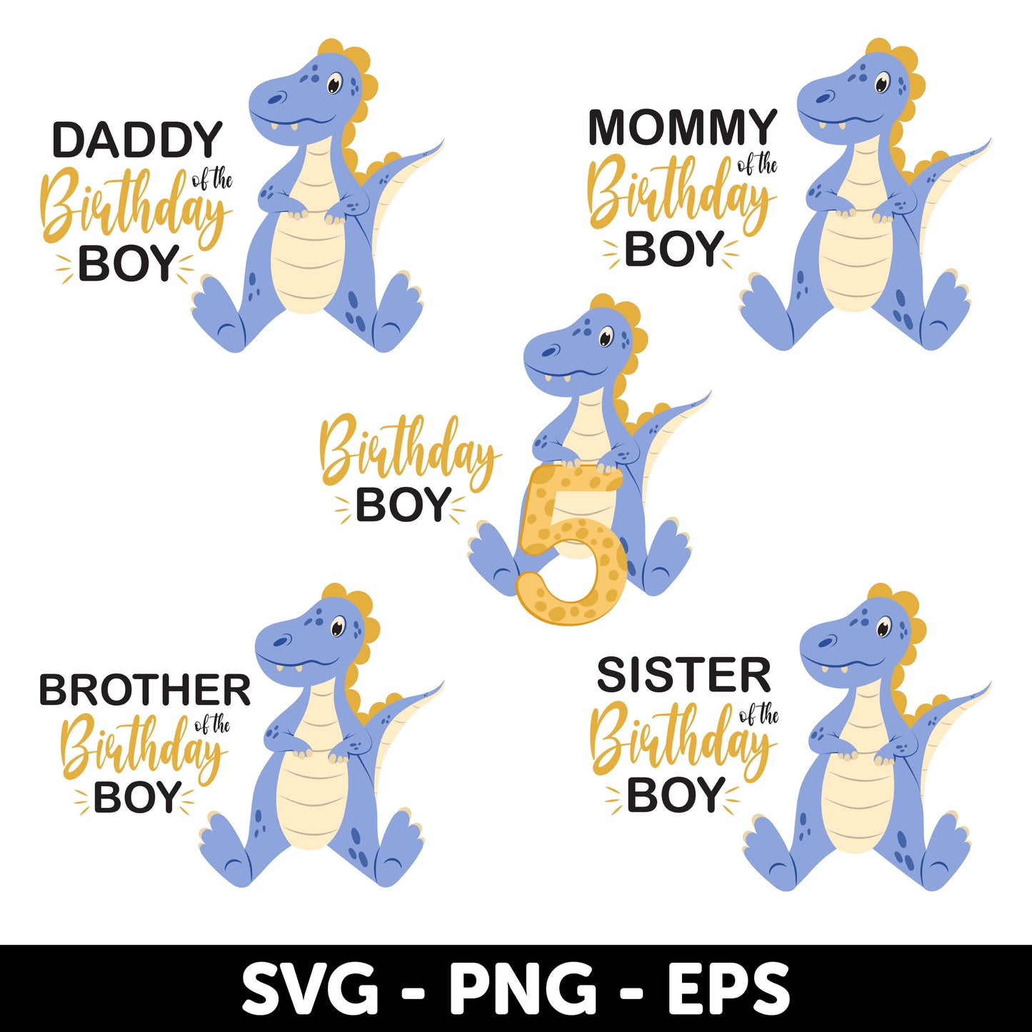 Dinosaur 5th Birthday Family Bundle – SVG, Dinosaur Birthday Svg, Blue Dinosaur Party Decoration Svg, Boy's 5th Birthday Svg
