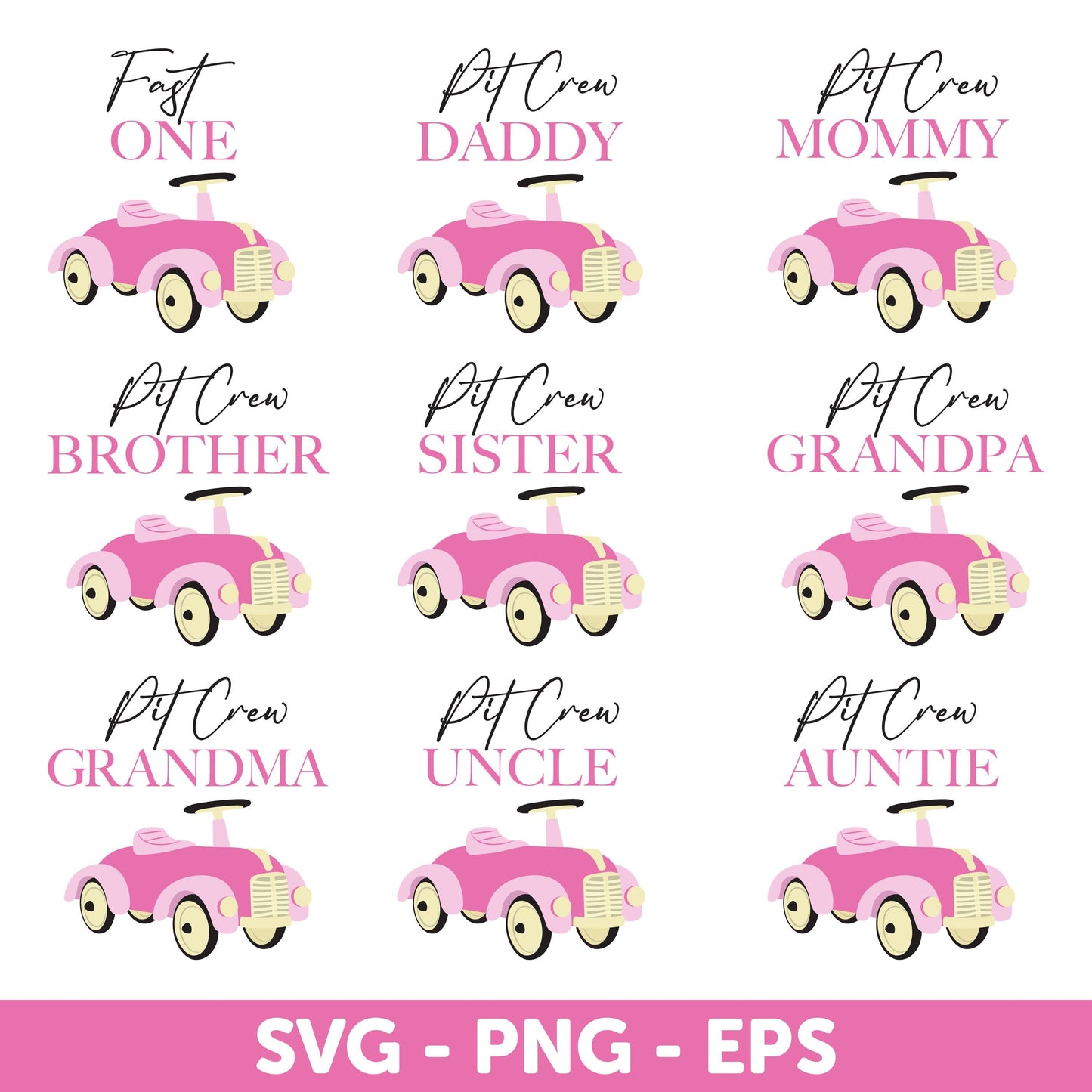 FAST ONE Race Car, Pink Race Car 1st Birthday Girl Shirt, Pink Pit Crew Family SVG Bundle, Pink Vintage Car Family Svg, Family Matching Svg