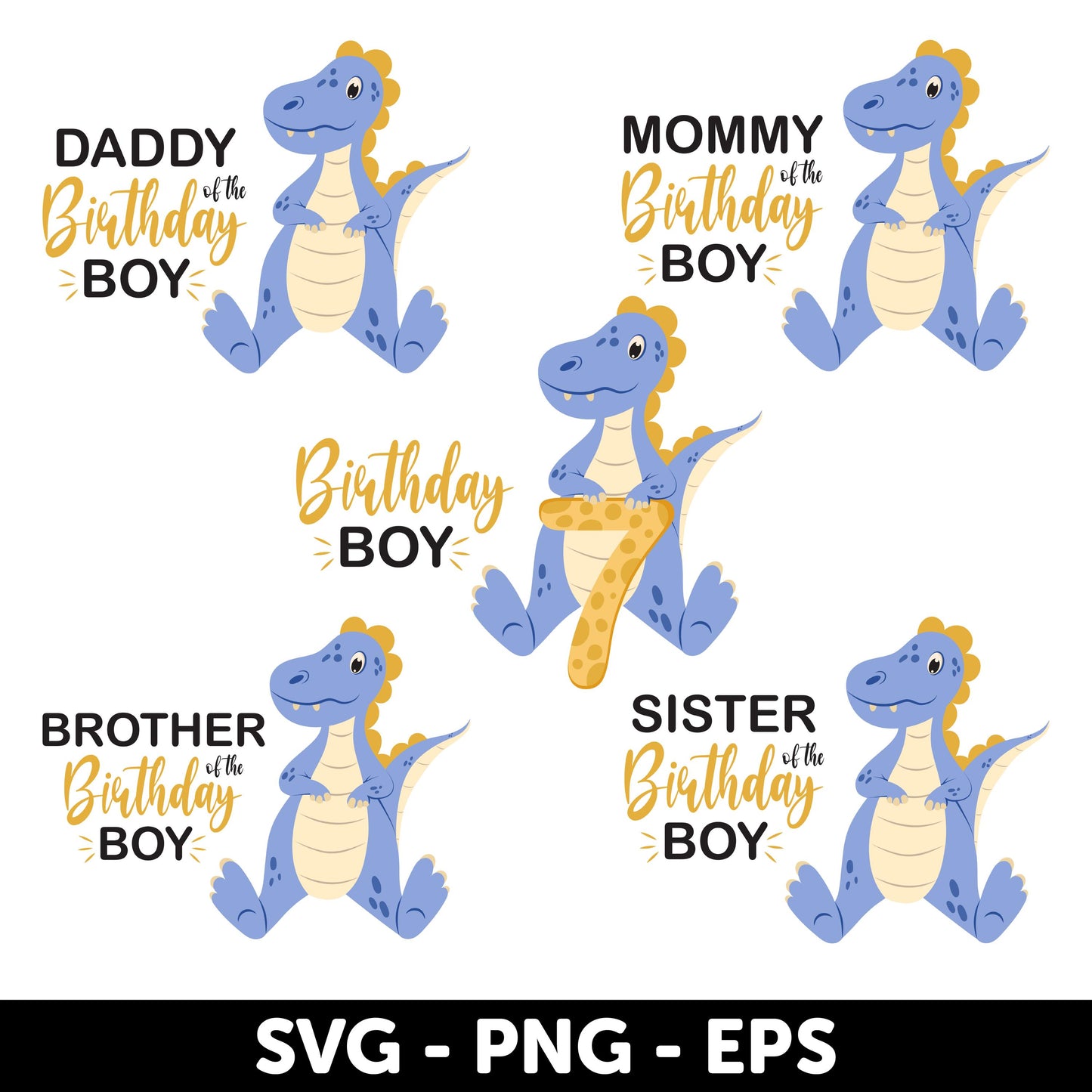 Dinosaur Birthday Boy Svg, Dinosaur Birthday Family Shirt Design Set, Blue Dinosaur Party Decoration Svg, Family celebration, 7th birthday