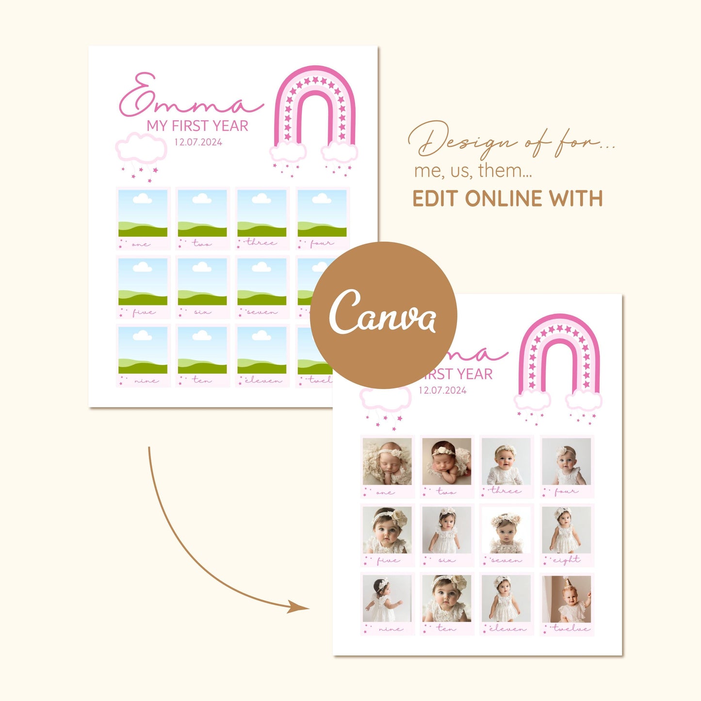 First Birthday Collage, Editable Baby's First Year Photo Collage Template | Monthly Milestone Keepsake | Rainbow Theme Canva Template