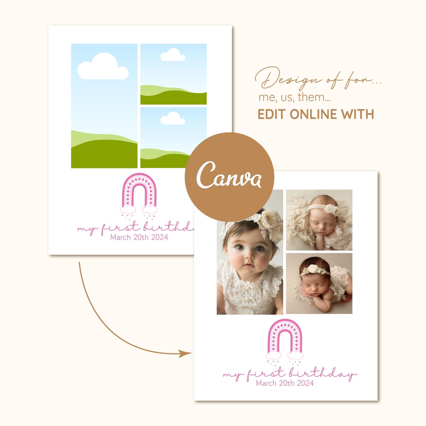 First birthday collage Canva template, Baby’s First Birthday, Birthday gift, First Birthday collage, Collage Template Rainbow,