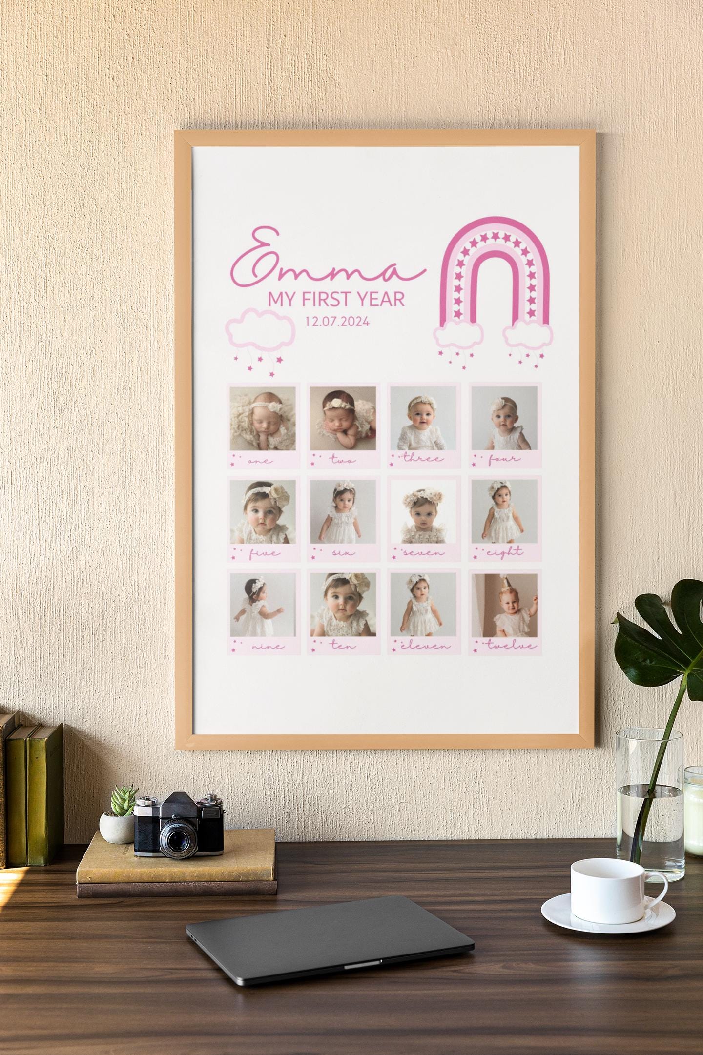 First Birthday Collage, Editable Baby's First Year Photo Collage Template | Monthly Milestone Keepsake | Rainbow Theme Canva Template