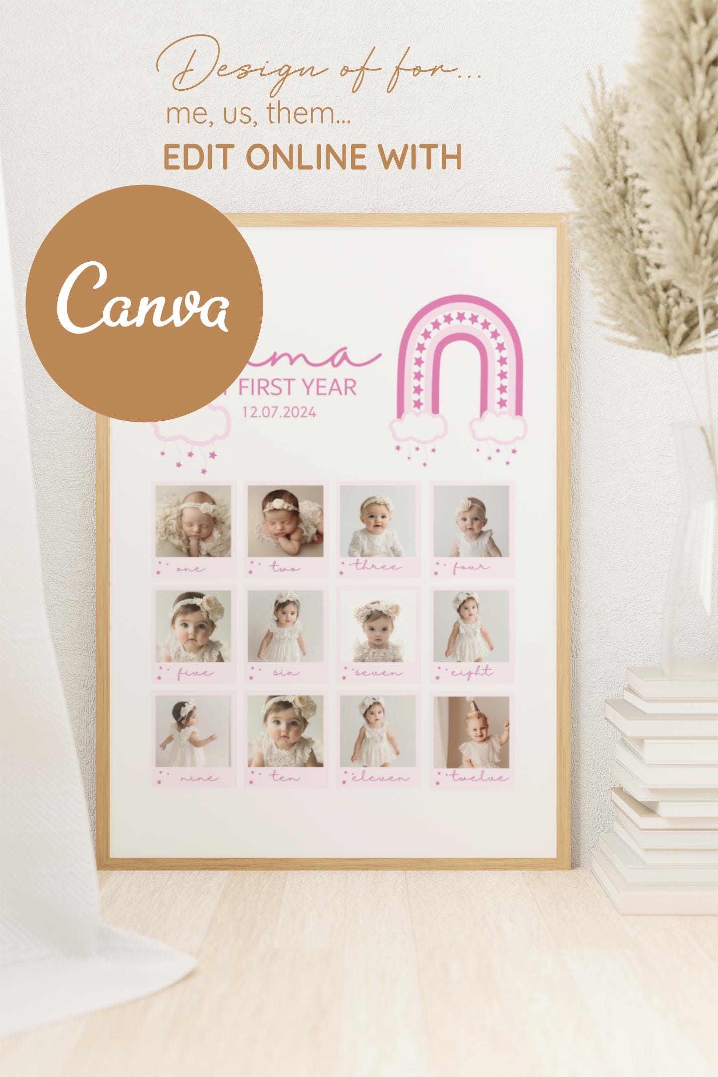 First Birthday Collage, Editable Baby's First Year Photo Collage Template | Monthly Milestone Keepsake | Rainbow Theme Canva Template