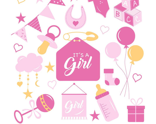 It's a Girl Baby Shower Clipart Set - SVG, Pink baby girl Decorations, Nursery Decor EPS, Digital clipart, Baby Announcement SVG, Stickers