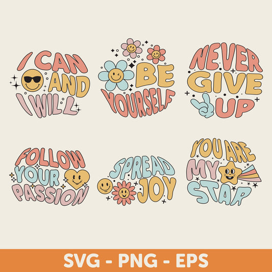 Positive Quotes Colorful, Retro Motivational Quotes SVG Bundle, Inspirational SVG, Boho Motivational quotes Png SVG, Printable Stickers