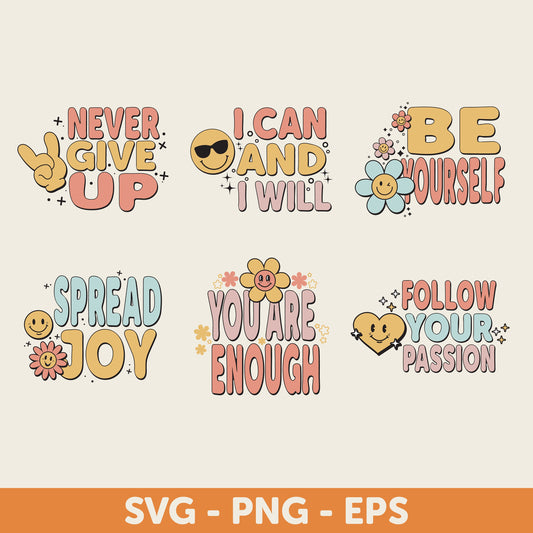 Groovy Motivational Quotes SVG Bundle, Retro 70s Style, Mental Healthy SVG, Retro Positive Wavy Quotes SVG, Daily Affirmations, Boho