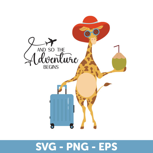Travel Giraffe Clipart SVG, Adventure Begins, Giraffe Clipart, Travel PNG, Adventure PNG, Vacation Clipart, Fun Travel Graphics