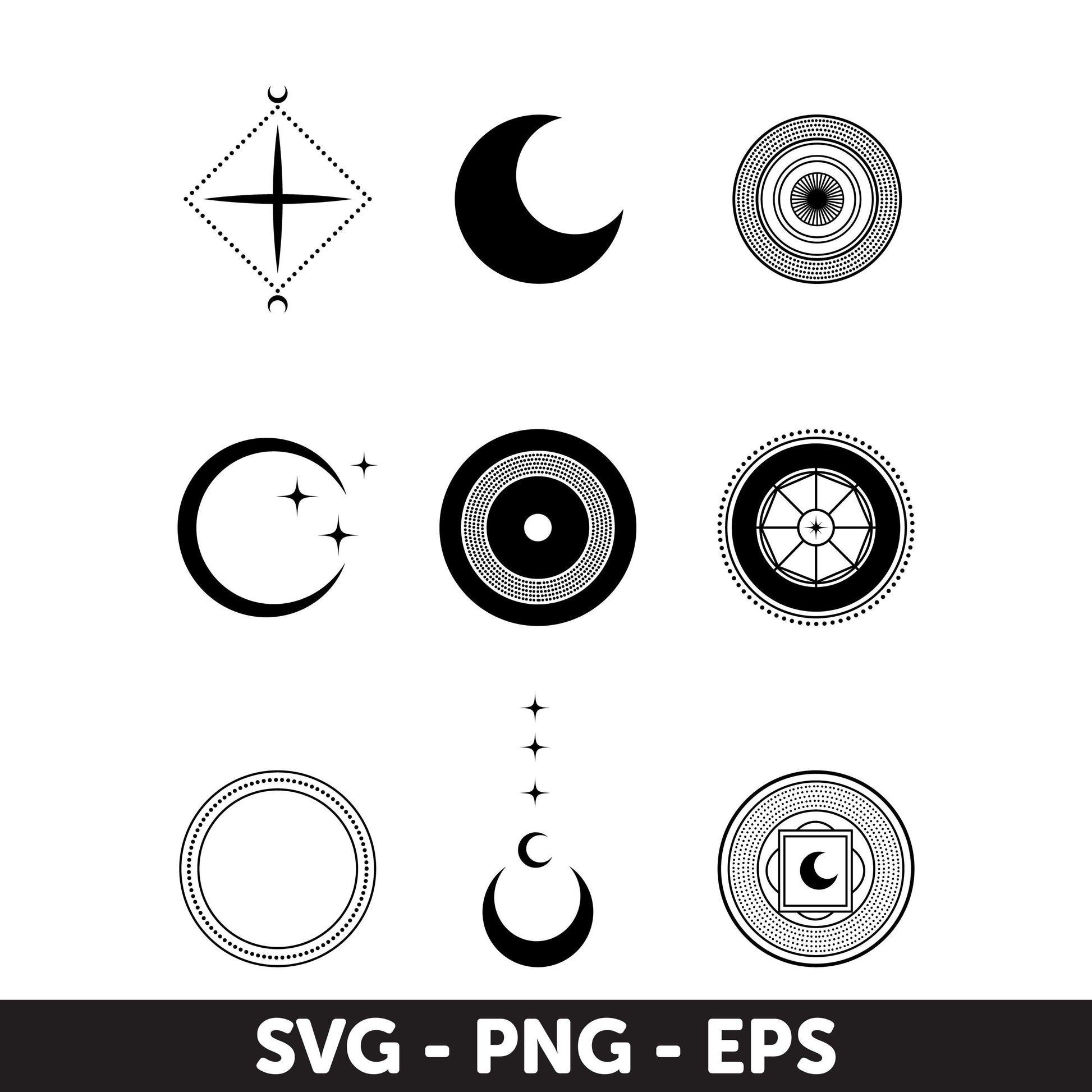 Modern Celestial Vector Icons Set - SVG, PNG, EPS - Moon and Star Digital Clipart, Tattoo, Circles Different Stroke, Monogram