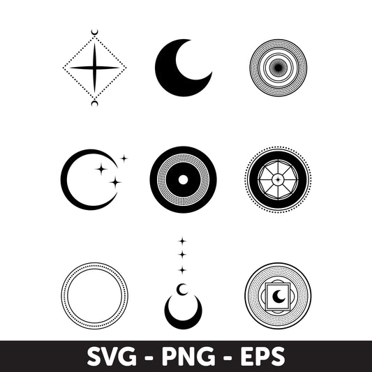 Modern Celestial Vector Icons Set - SVG, PNG, EPS - Moon and Star Digital Clipart, Tattoo, Circles Different Stroke, Monogram