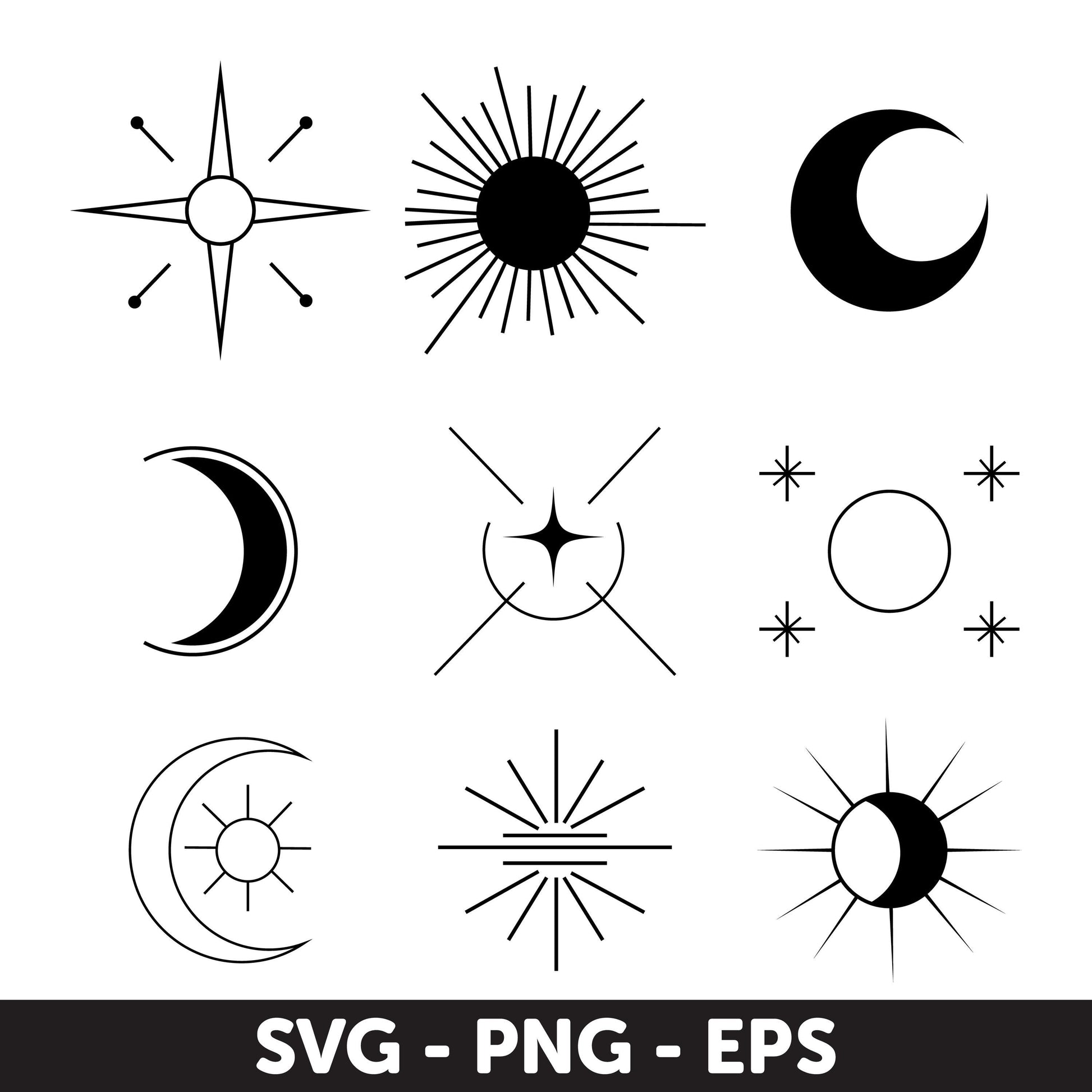 Celestial Sun and Moon Vector Icons Set - SVG, PNG, EPS - Cosmic Digital Clipart, Mystical Svg, Gothic Svg, Magic Svg