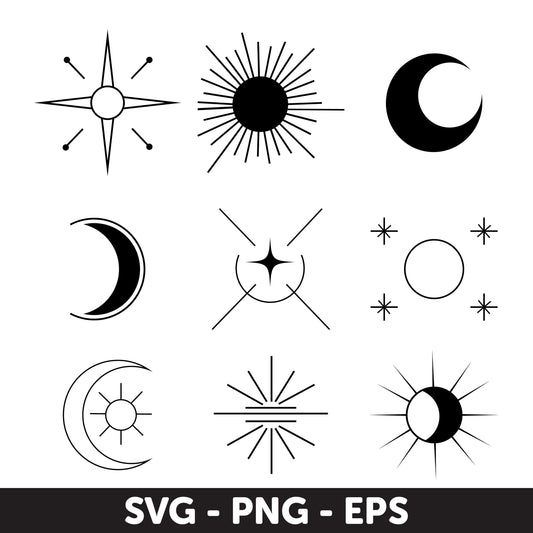 Celestial Sun and Moon Vector Icons Set - SVG, PNG, EPS - Cosmic Digital Clipart, Mystical Svg, Gothic Svg, Magic Svg