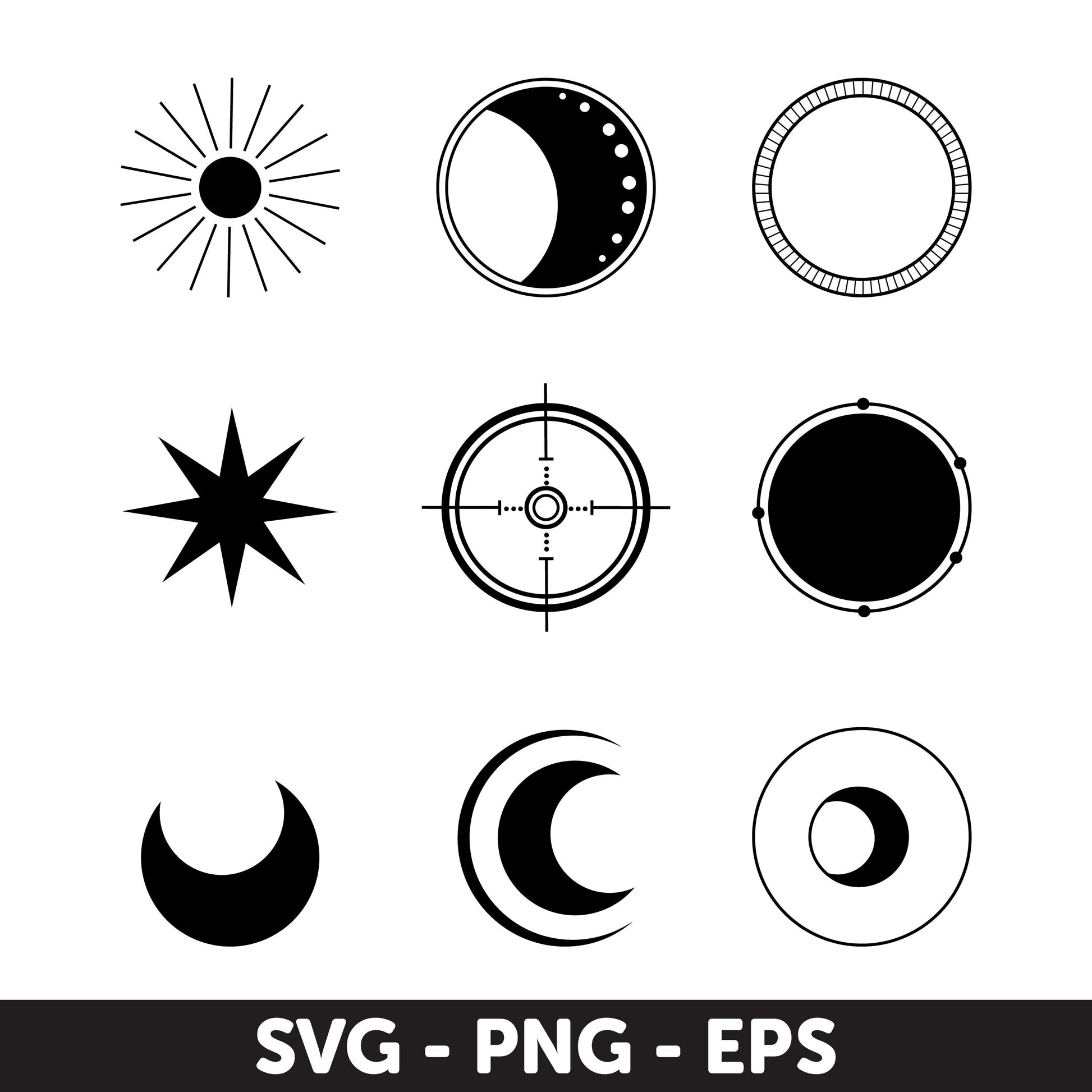 Circular Symbol Set SVG, Sun, Moon, Stars SVG, EPS Formats, Sun Svg, Celestial Svg, Witchcraft Svg, Svg files, Mystical Clipart, Celestial