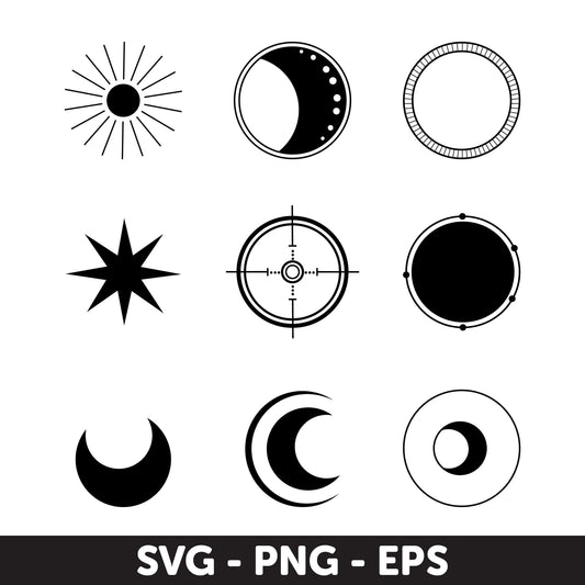 Circular Symbol Set SVG, Sun, Moon, Stars SVG, EPS Formats, Sun Svg, Celestial Svg, Witchcraft Svg, Svg files, Mystical Clipart, Celestial
