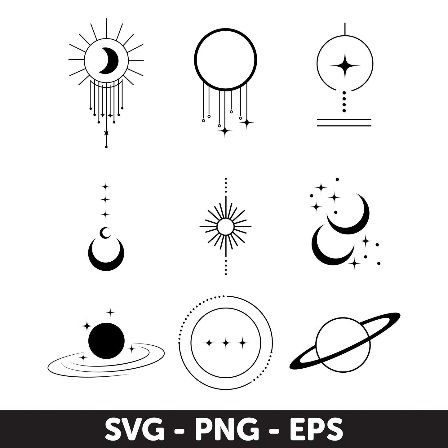 Mystic Celestial Symbol Set, Sun, Moon, Star Designs Svg, Astrology Svg, Boho solar system Svg, Mystical planet Svg, Galaxsy Svg, Geometric