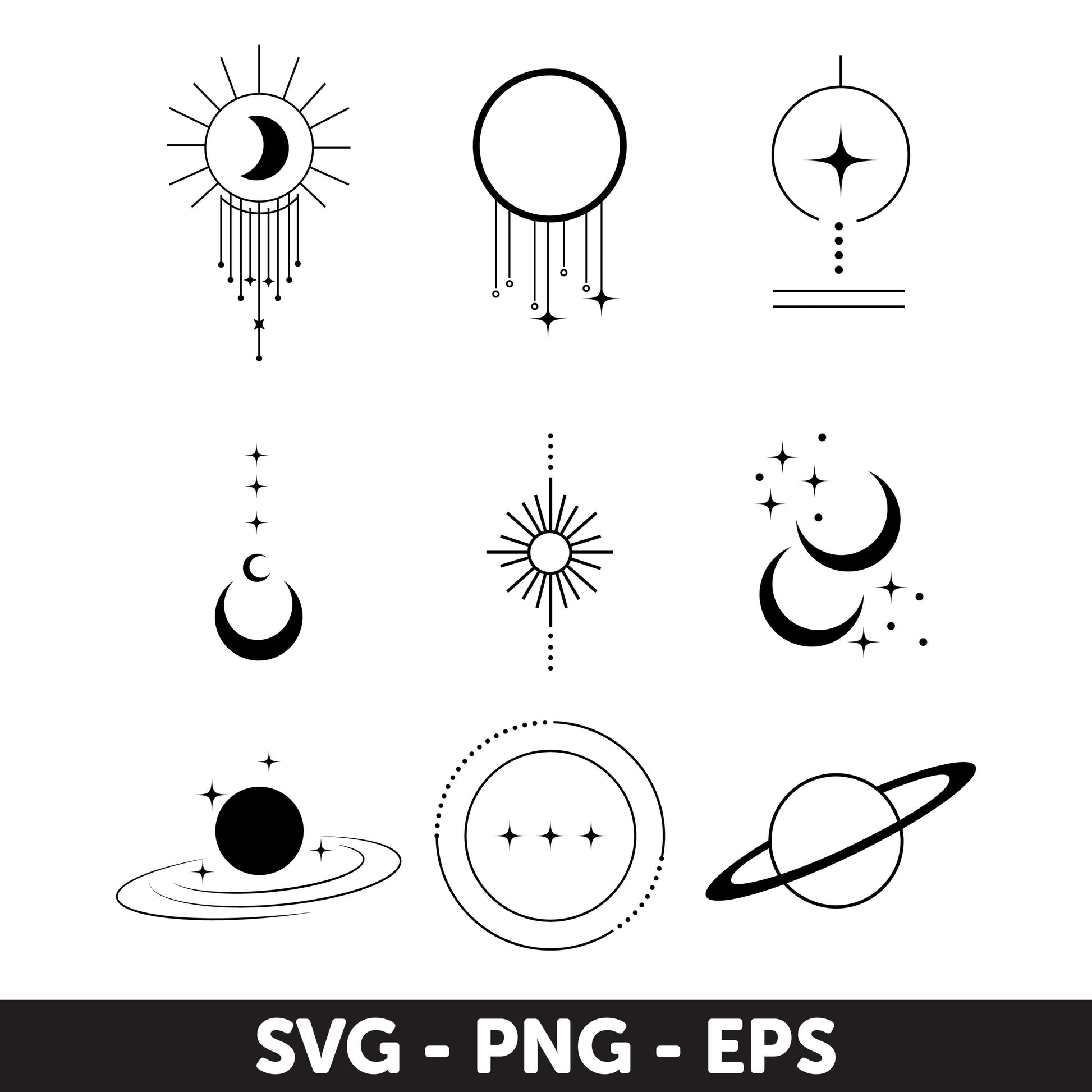 Mystic Celestial Symbol Set, Sun, Moon, Star Designs Svg, Astrology Svg, Boho solar system Svg, Mystical planet Svg, Galaxsy Svg, Geometric