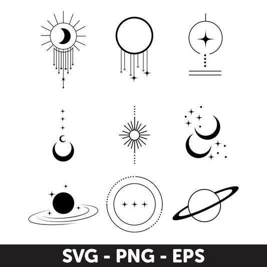 Mystic Celestial Symbol Set, Sun, Moon, Star Designs Svg, Astrology Svg, Boho solar system Svg, Mystical planet Svg, Galaxsy Svg, Geometric