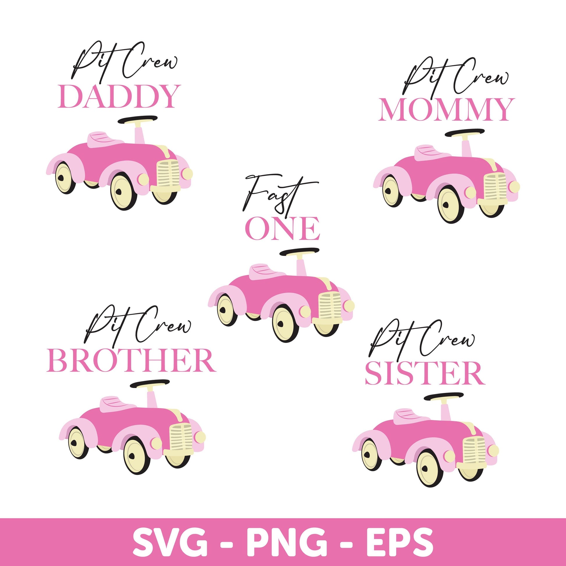 FAST ONE Race Car, Pink Race Car 1st Birthday Girl Shirt, Pink Vintage Car Family SVG Bundle, Pit Crew Svg, Car Svg, Car Cut File