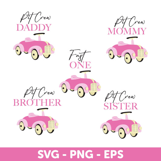 FAST ONE Race Car, Pink Race Car 1st Birthday Girl Shirt, Pink Vintage Car Family SVG Bundle, Pit Crew Svg, Car Svg, Car Cut File