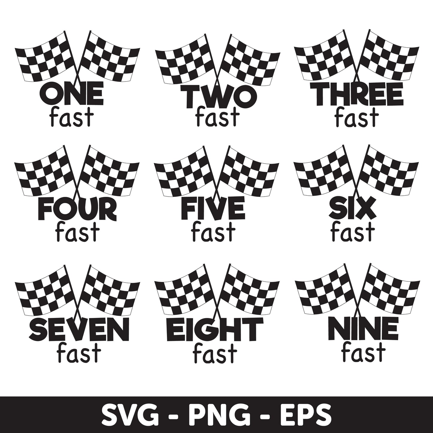 Racing Flag SVG, Fast Numbers Black Checkered Flags Digital Clipart Set, Birthday Numbers SVG, Racing Flag SVG, Silhouette, Eps format