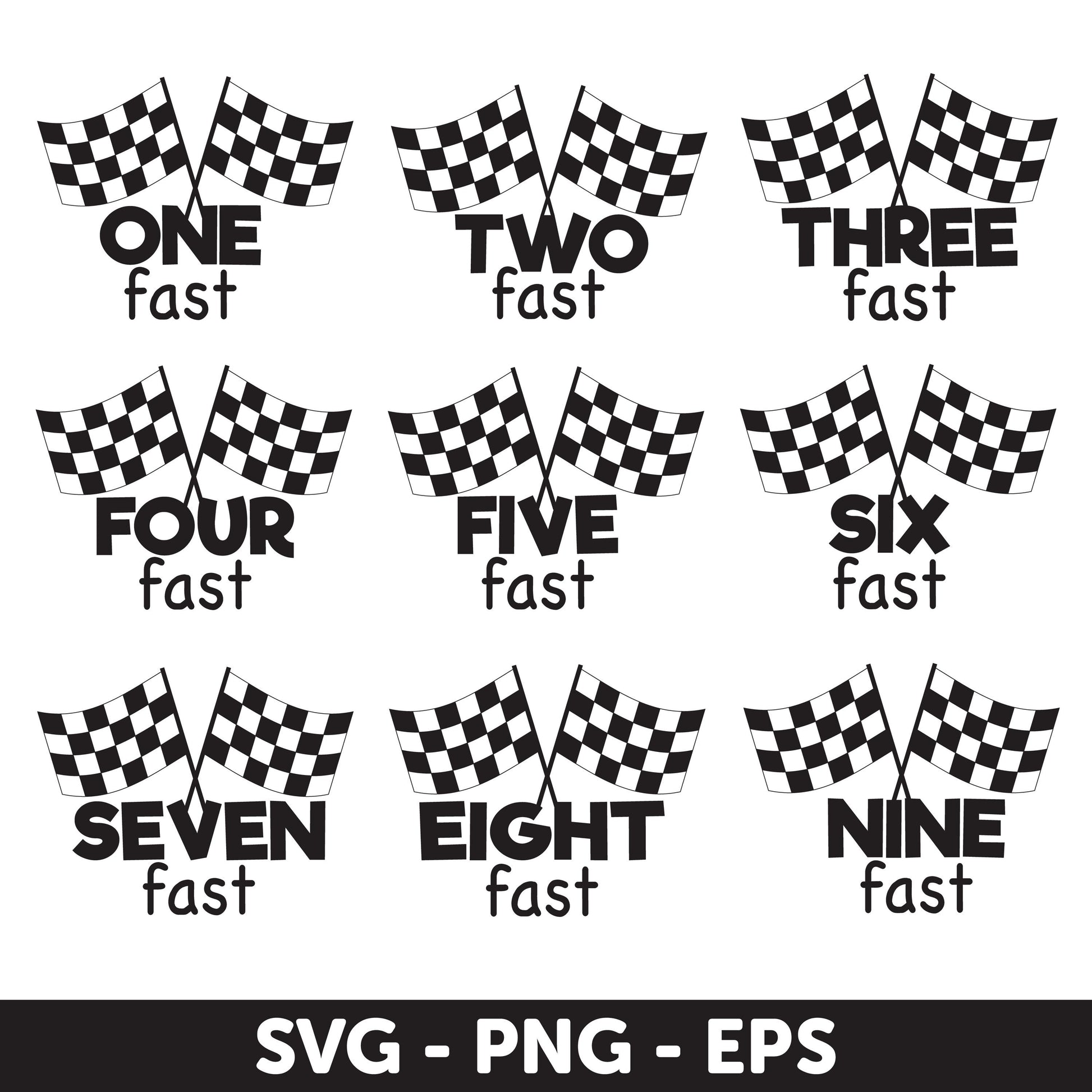 Racing Flag SVG, Fast Numbers Black Checkered Flags Digital Clipart Set, Birthday Numbers SVG, Racing Flag SVG, Silhouette, Eps format