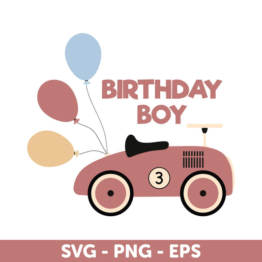 Red Birthday Boy Car, Digital Clipart Design SVG, Red Car & Balloons SVG, PNG, Vintage Racing, Race Car Party Decor, Birthday Design Eps