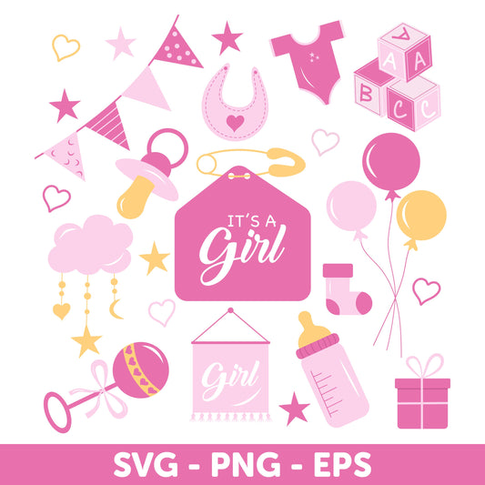 It's a Girl Baby Shower Clipart Set - SVG, Pink baby girl Decorations, Nursery Decor EPS, Digital clipart, Baby Announcement SVG, Stickers