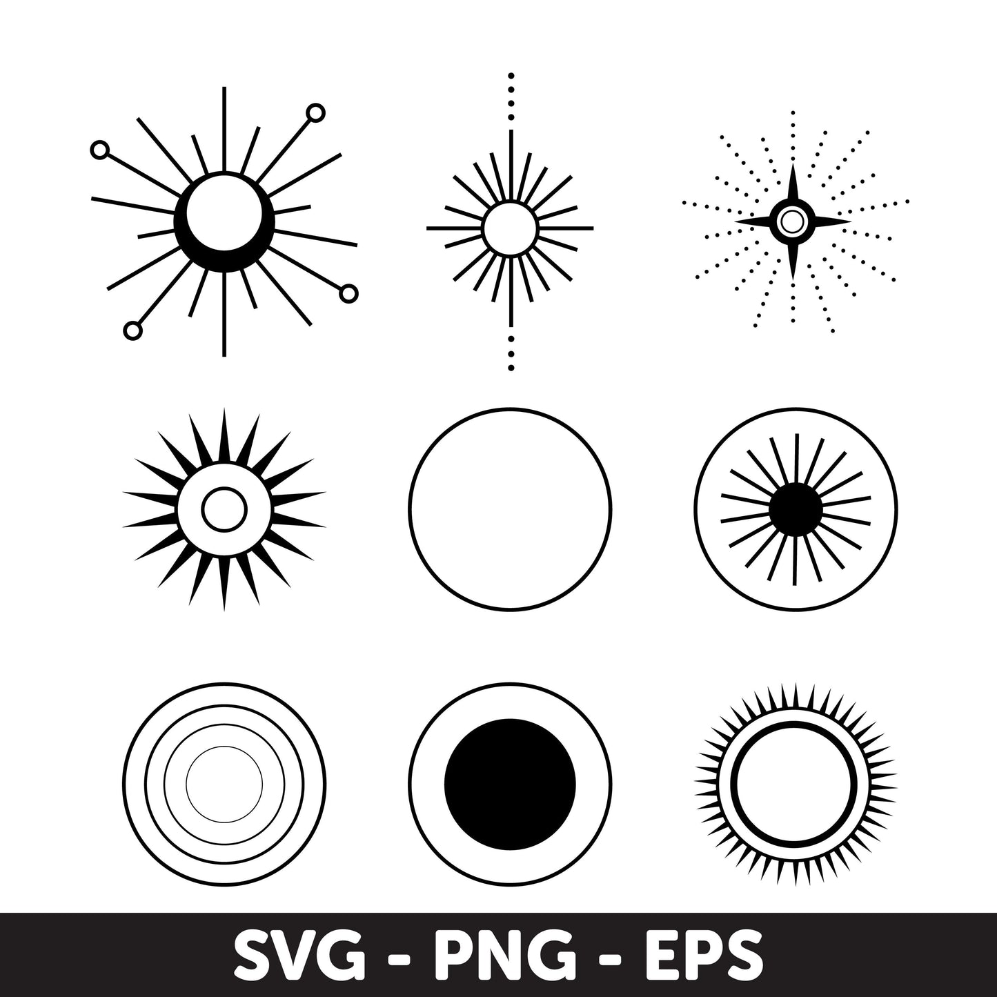 Abstract Sun and Circle Icons Set - SVG, Circle Frame SVG Bundle, Circle SVG, Monogram Frames, Instant Download, Circle Svg, Mystical