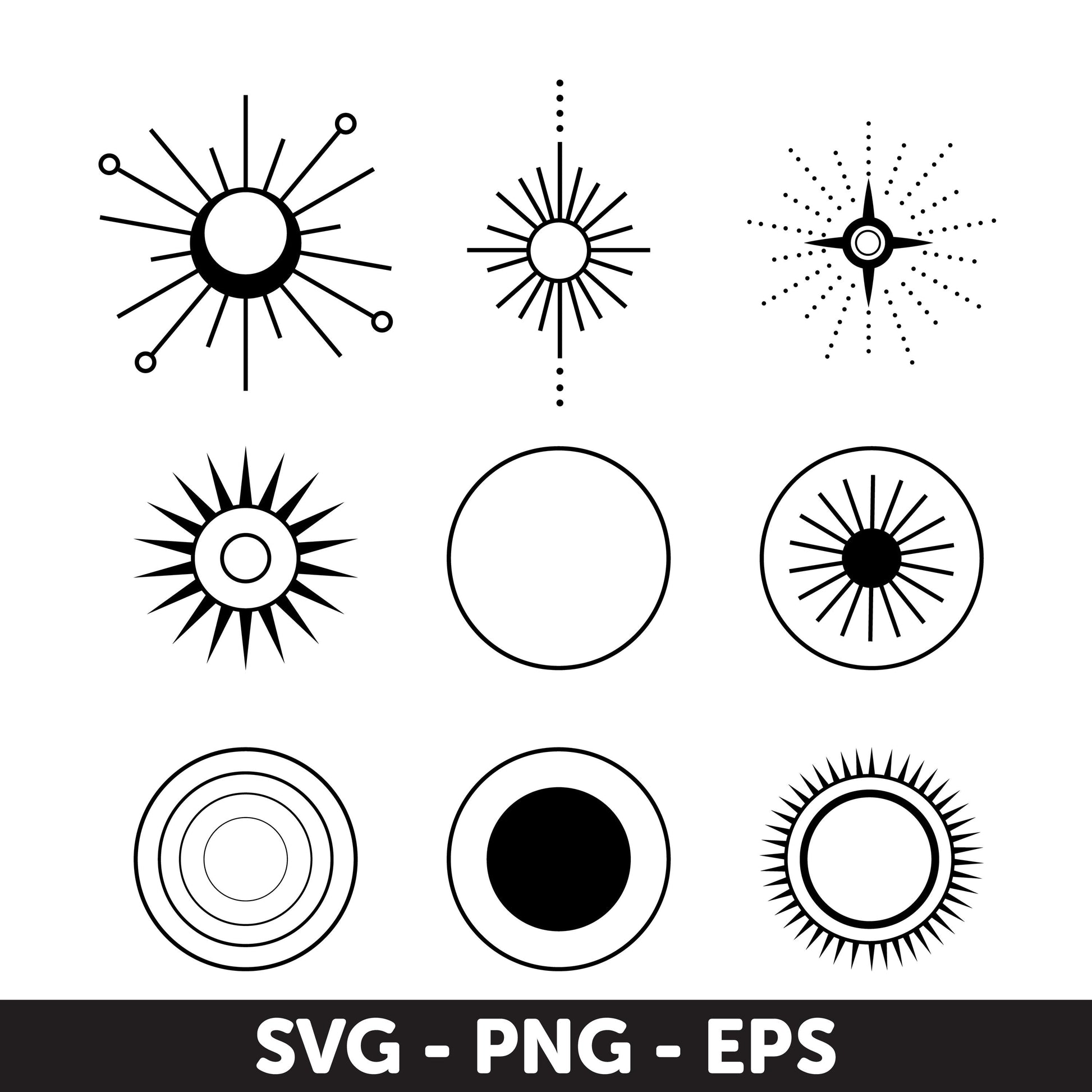 Abstract Sun and Circle Icons Set - SVG, Circle Frame SVG Bundle, Circle SVG, Monogram Frames, Instant Download, Circle Svg, Mystical