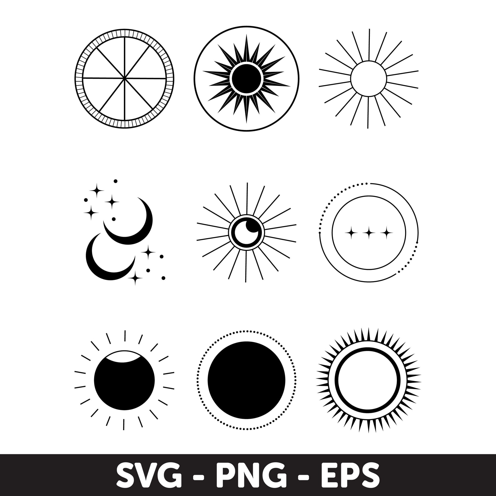 Celestial Sun and Moon Icons Set - SVG, PNG, EPS Formats, Circle Frame, Tattoo Svg, Monogram Svg, Double Circle Frame, Frame Svg