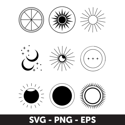 Celestial Sun and Moon Icons Set - SVG, PNG, EPS Formats, Circle Frame, Tattoo Svg, Monogram Svg, Double Circle Frame, Frame Svg