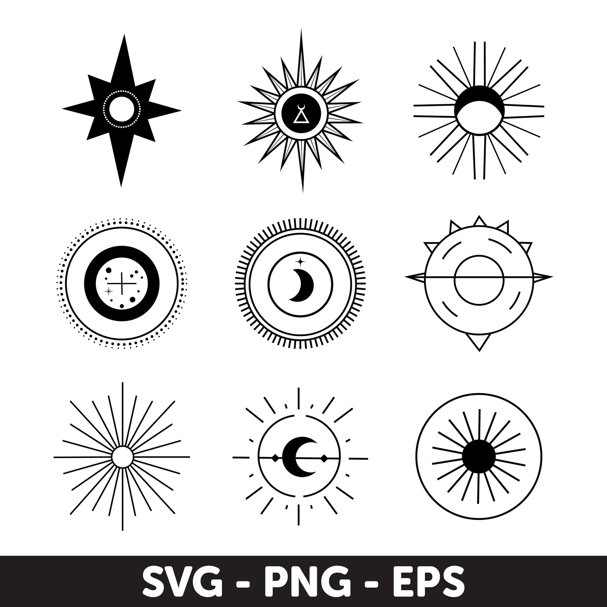 Celestial Symbol Set, Sun, Moon Svg, Magical moon Svg, Geometric Svg, Astrology Svg, Cycles moon Eps, Eps cutting file
