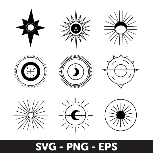 Celestial Symbol Set, Sun, Moon Svg, Magical moon Svg, Geometric Svg, Astrology Svg, Cycles moon Eps, Eps cutting file