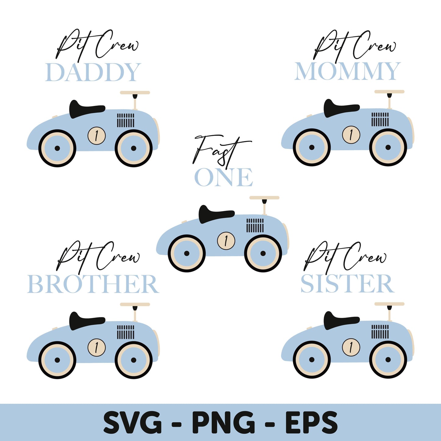 Blue Vintage Car Family SVG Bundle, Pit Crew Daddy, Mommy, Brother, Sister, Fast One SVG, Blue Race Car 1st Birthday Boy Shirt