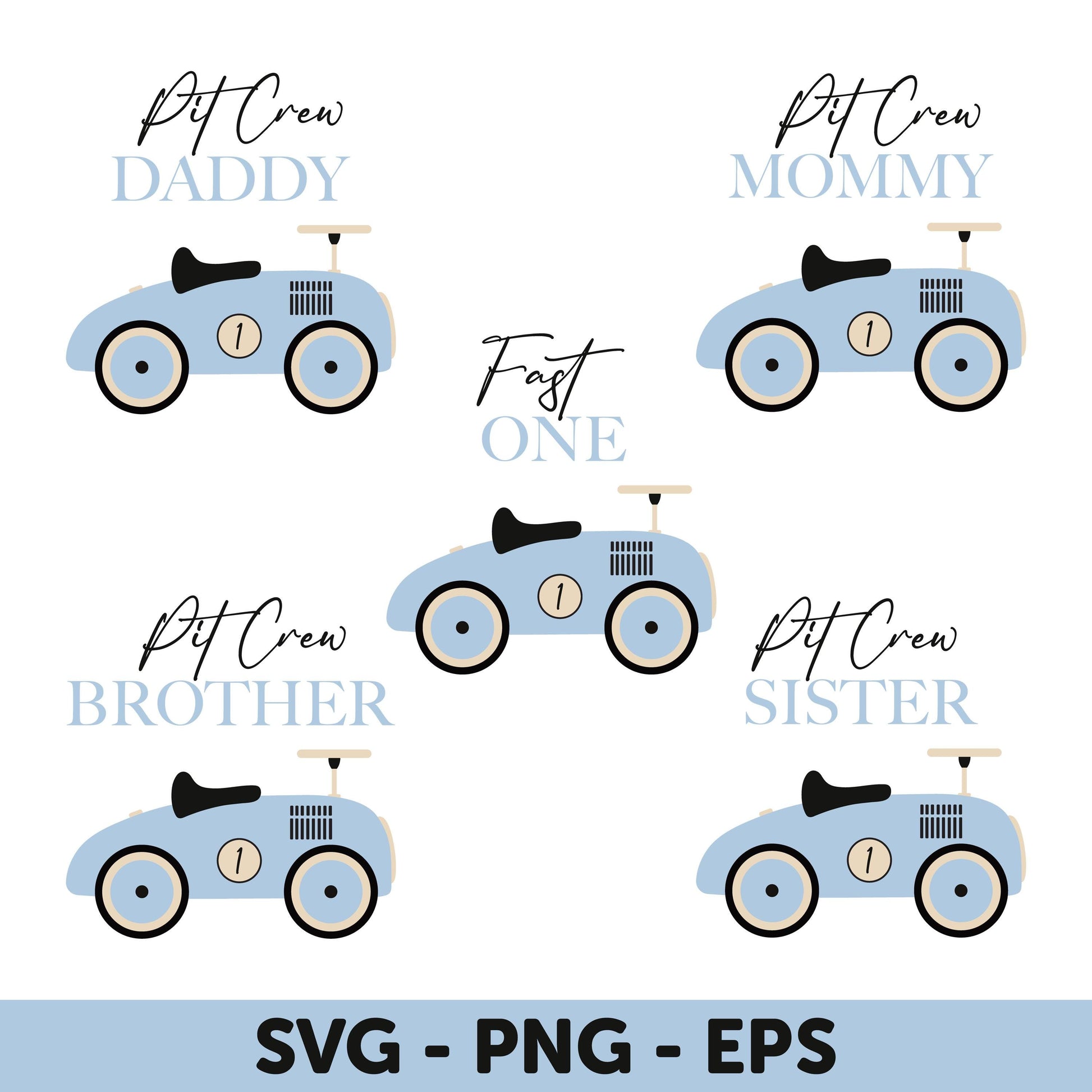 Blue Vintage Car Family SVG Bundle, Pit Crew Daddy, Mommy, Brother, Sister, Fast One SVG, Blue Race Car 1st Birthday Boy Shirt