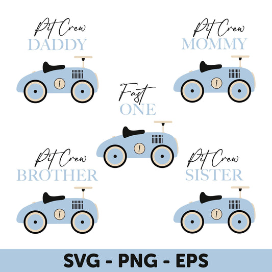 Blue Vintage Car Family SVG Bundle, Pit Crew Daddy, Mommy, Brother, Sister, Fast One SVG, Blue Race Car 1st Birthday Boy Shirt