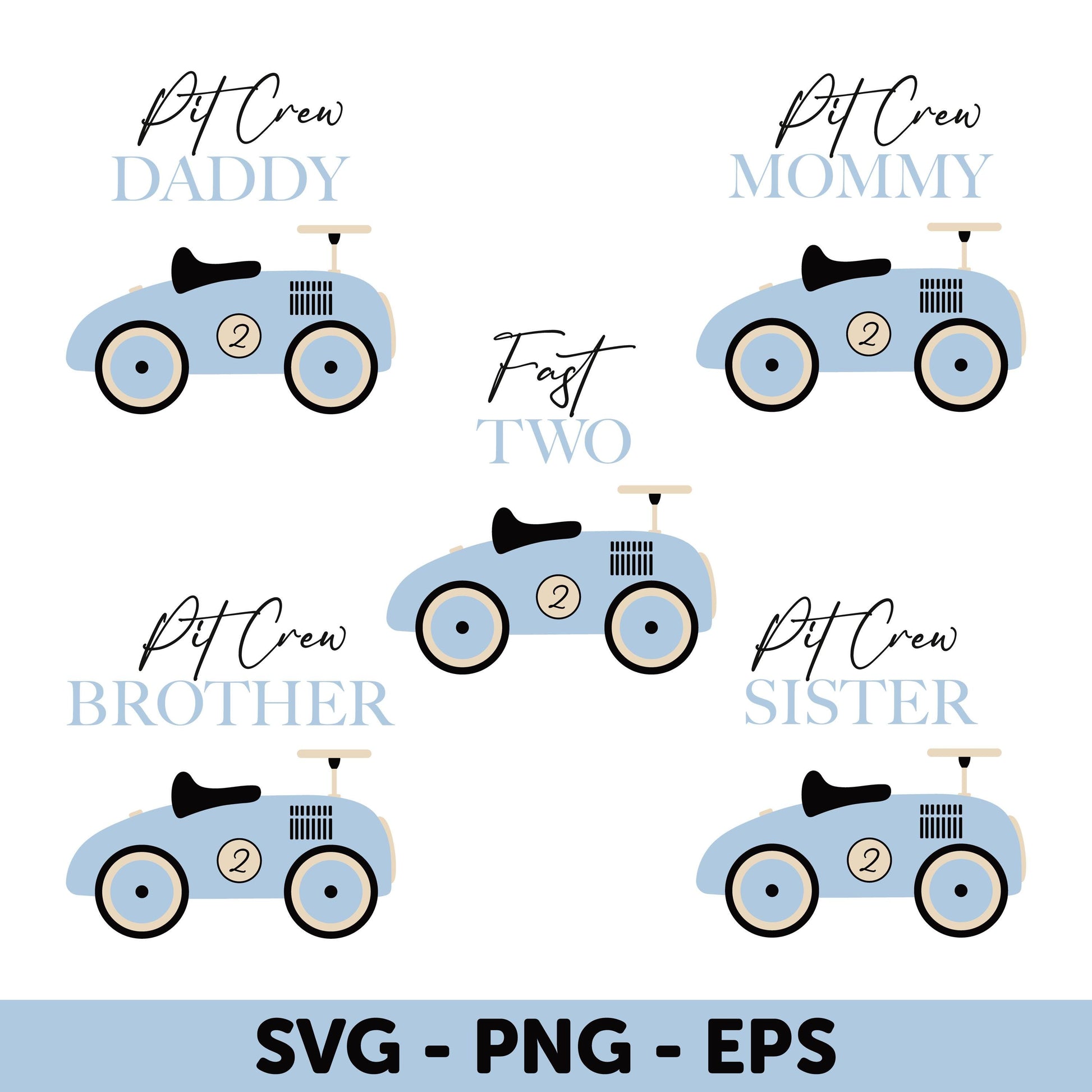 Blue Vintage Car Family SVG, Pit Crew Daddy, Mommy, Brother, Sister, Fast two SVG, Blue Race Car, 2nd Birthday Boy, Matching Family Birthday