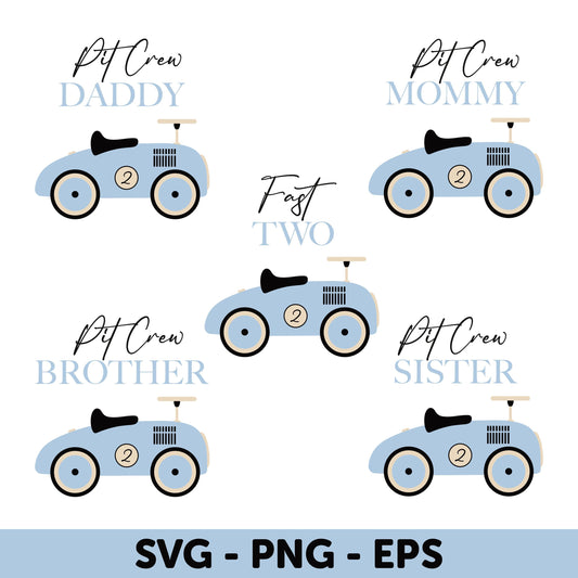Blue Vintage Car Family SVG, Pit Crew Daddy, Mommy, Brother, Sister, Fast two SVG, Blue Race Car, 2nd Birthday Boy, Matching Family Birthday