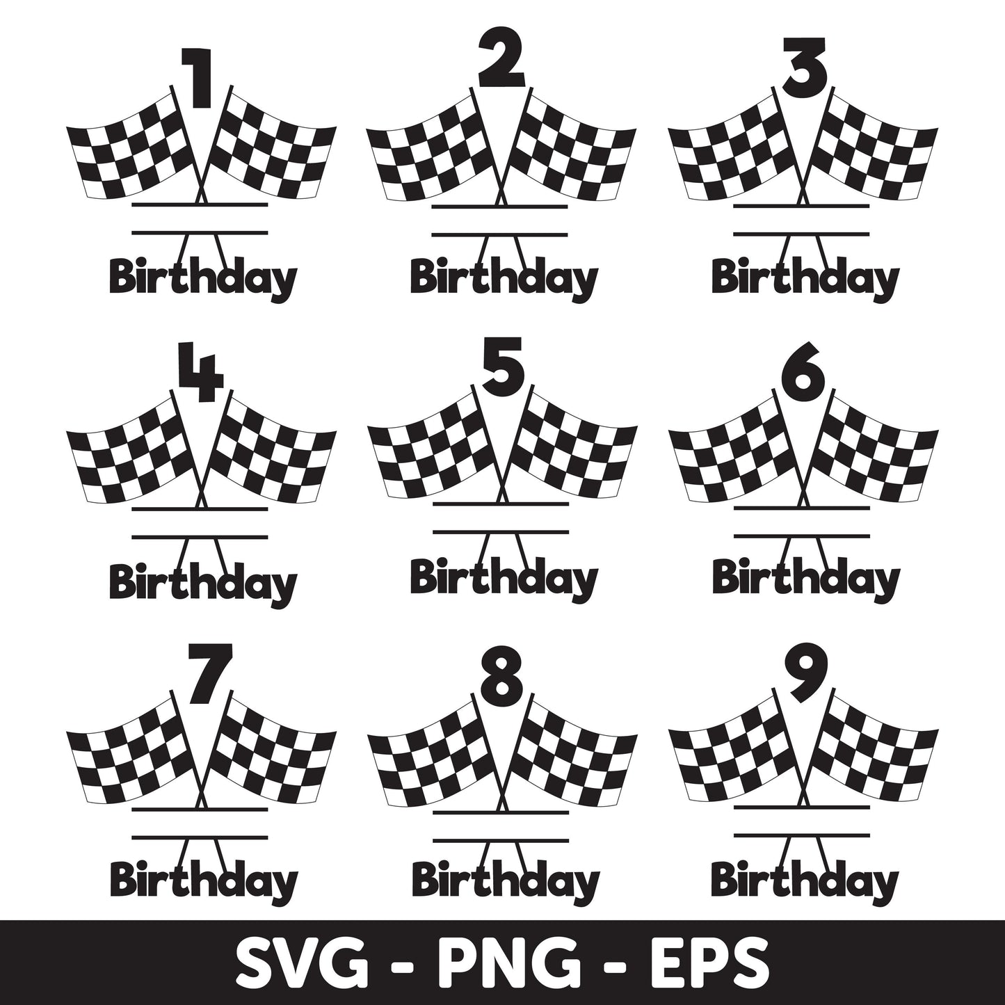 Racing Flag SVG, Race Car Birthday Number Set 1-9, SVG, Designs for Kids Parties, Black Checkered Racing Flags for Track Finish Line