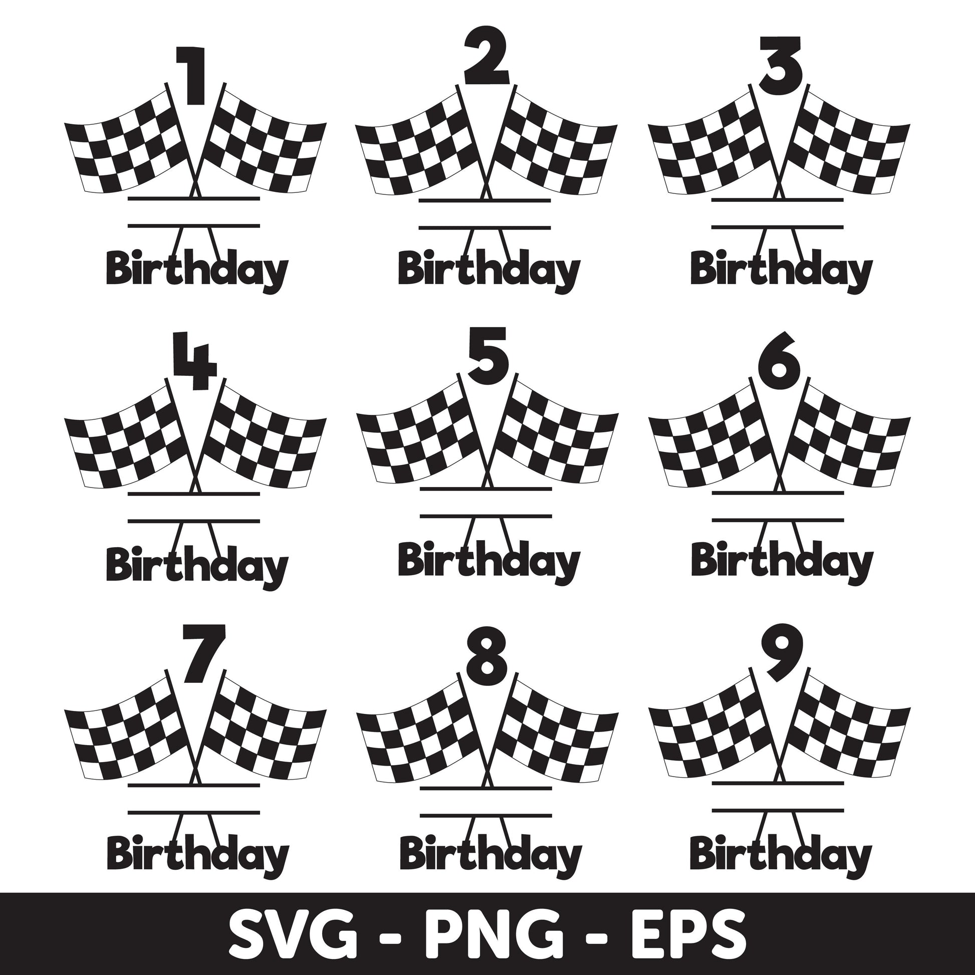 Racing Flag SVG, Race Car Birthday Number Set 1-9, SVG, Designs for Kids Parties, Black Checkered Racing Flags for Track Finish Line