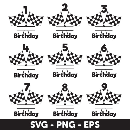 Racing Flag SVG, Race Car Birthday Number Set 1-9, SVG, Designs for Kids Parties, Black Checkered Racing Flags for Track Finish Line