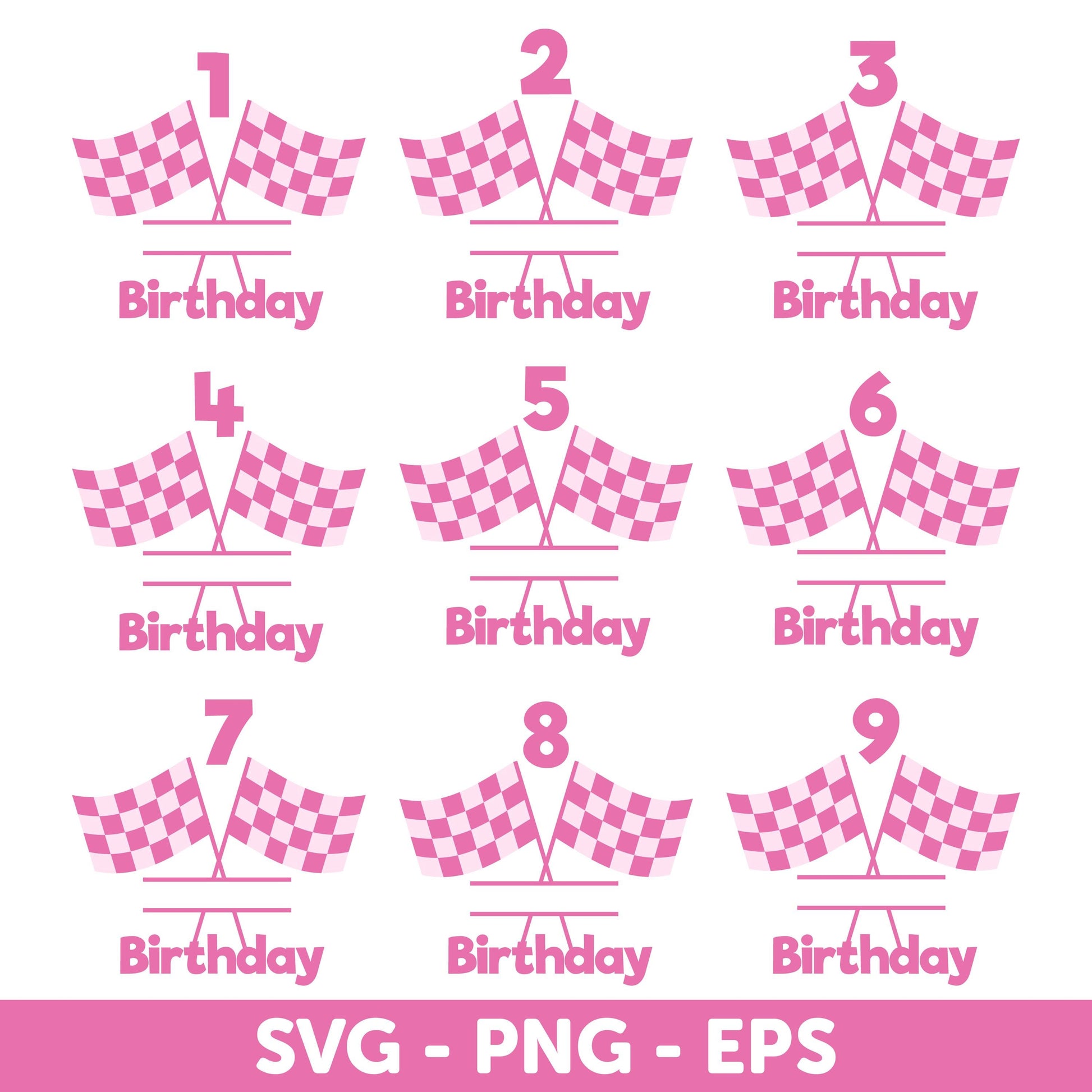 Racing Flag SVG, Pink Race Car Birthday Number Set, SVG Designs for Girls' Parties, Pink Checkered Racing Flags for Track Finish Line