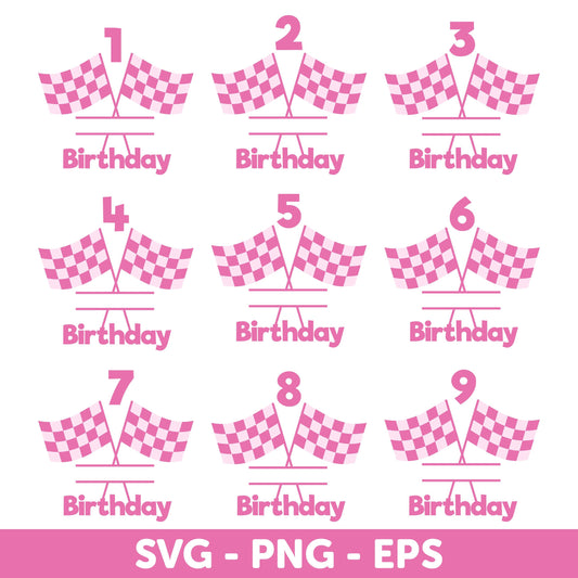 Racing Flag SVG, Pink Race Car Birthday Number Set, SVG Designs for Girls' Parties, Pink Checkered Racing Flags for Track Finish Line