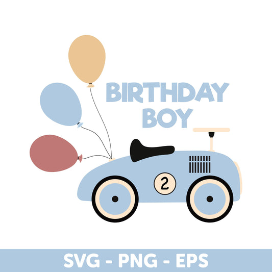 Blue Birthday Boy Car SVG, Digital Clipart Design, Blue Car & Balloons SVG, Vintage Racing B'day EPS, Baby Blue Race Car Party Decor