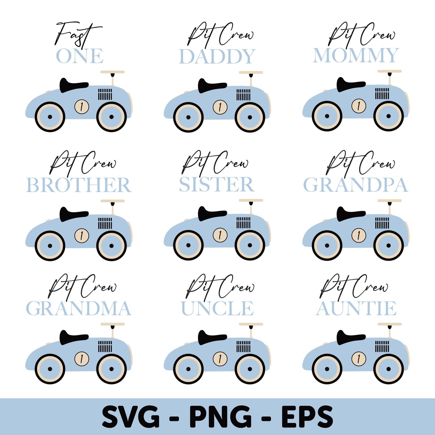 Blue Vintage Car Family SVG Bundle, Pit Crew Family SVG Bundle, Blue Race Car 1st Birthday Boy Shirt, Matching Family Shirts SVG