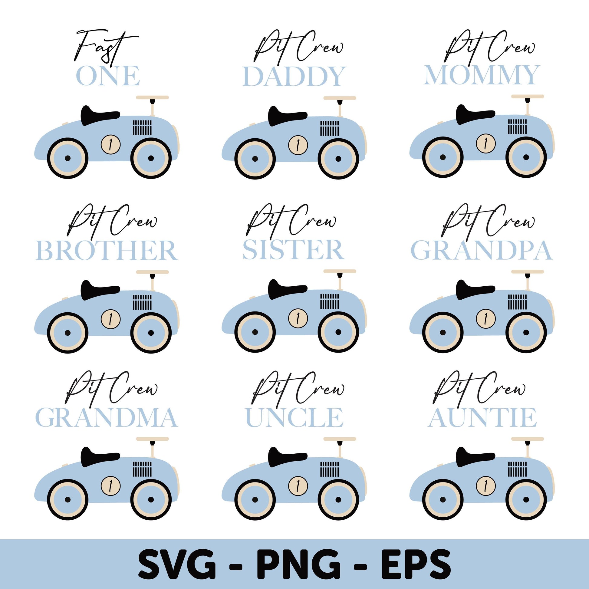 Blue Vintage Car Family SVG Bundle, Pit Crew Family SVG Bundle, Blue Race Car 1st Birthday Boy Shirt, Matching Family Shirts SVG