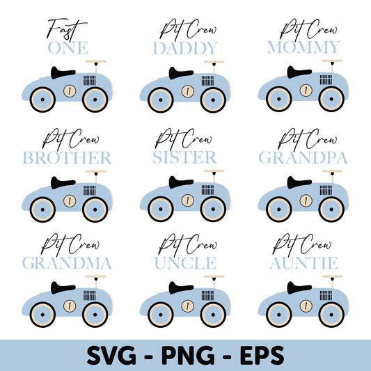 Blue Vintage Car Family SVG Bundle, Pit Crew Family SVG Bundle, Blue Race Car 1st Birthday Boy Shirt, Matching Family Shirts SVG
